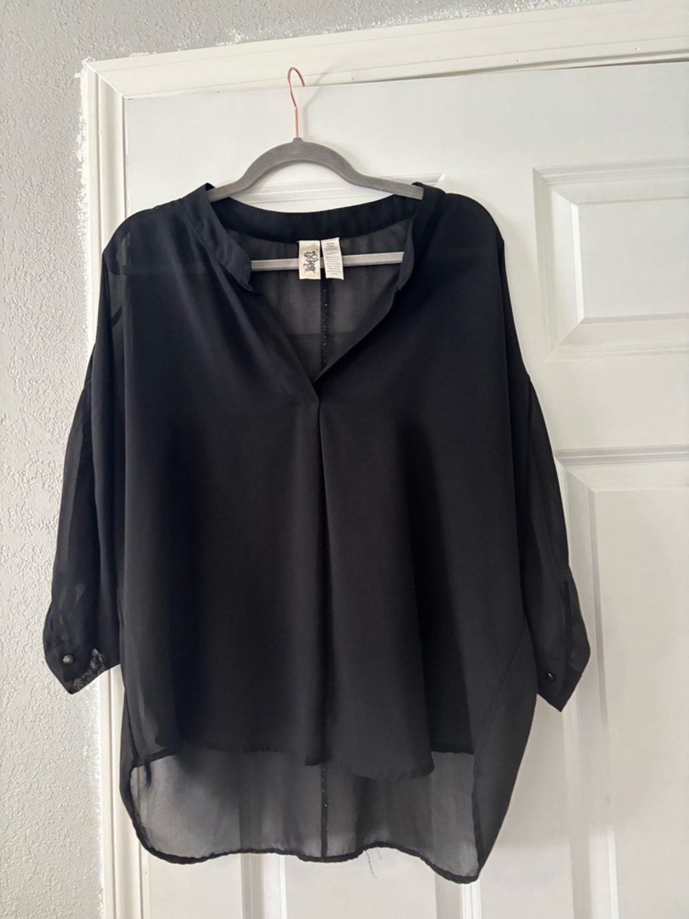 bebe Black Sheer Split-Neck Blouse